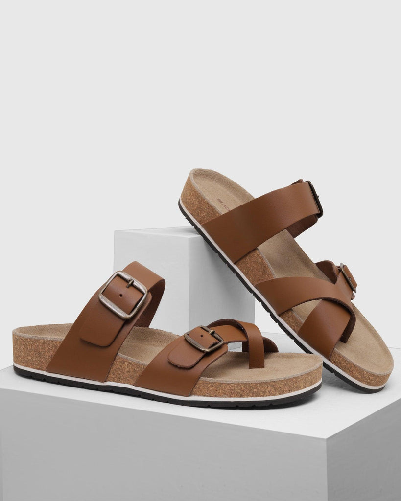 Leather Tan Solid Open Sandals - Sole