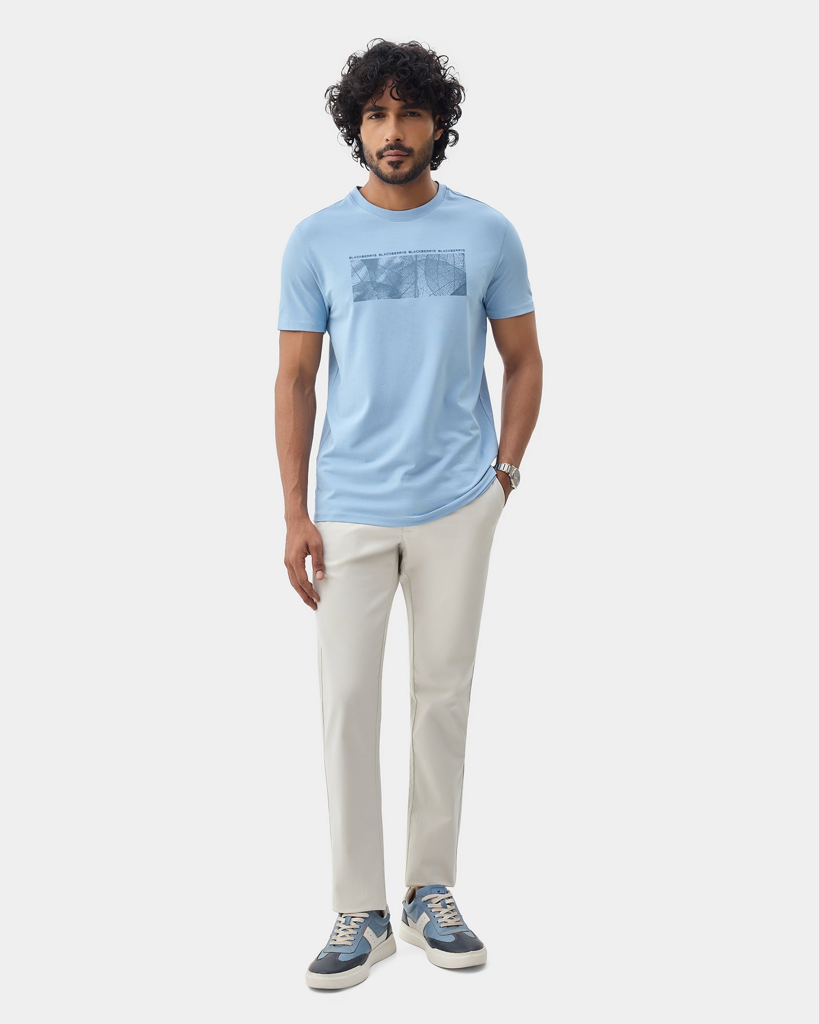 Light Blue Crew Neck Printed T-Shirt - Supi