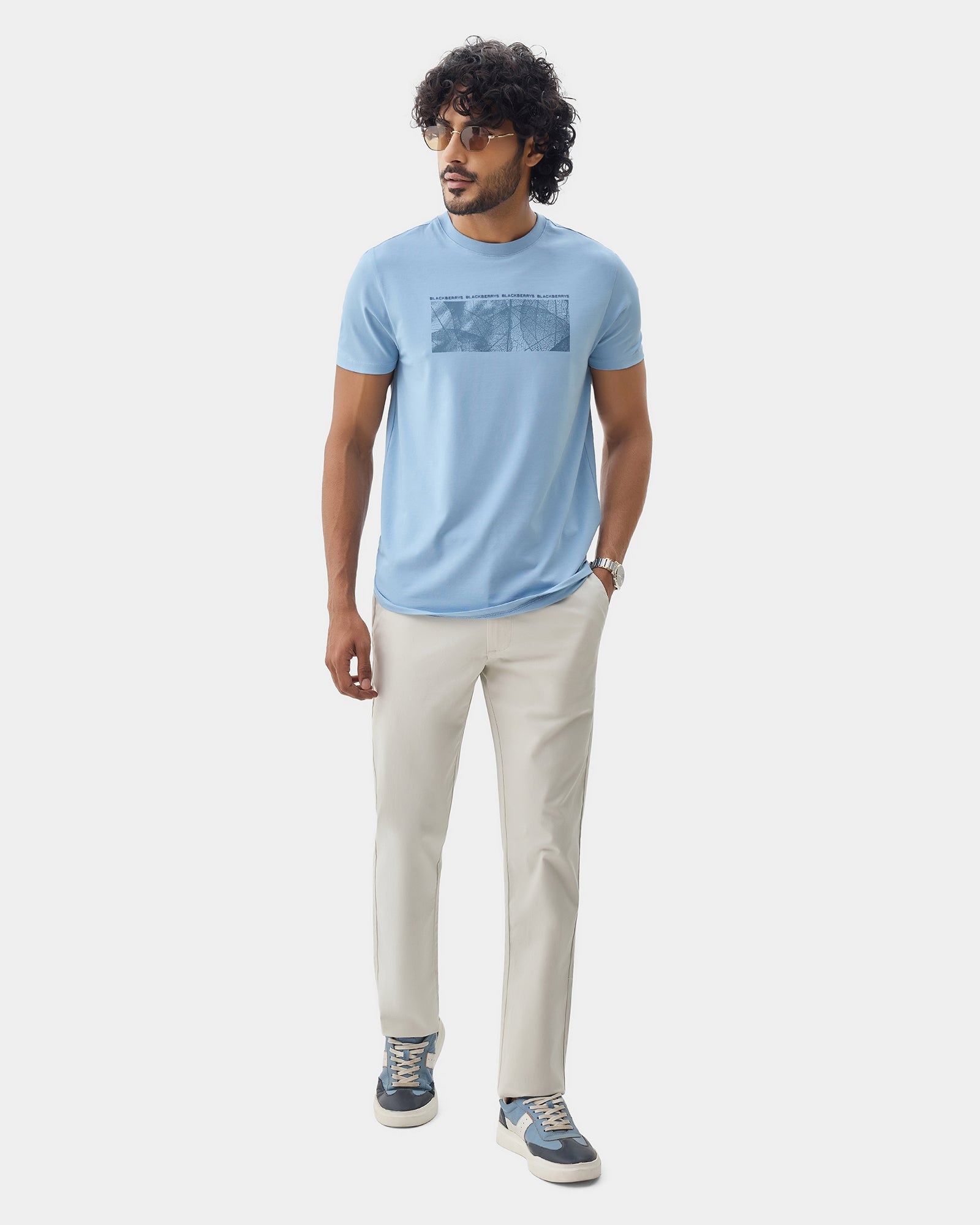 Light Blue Crew Neck Printed T-Shirt - Supi