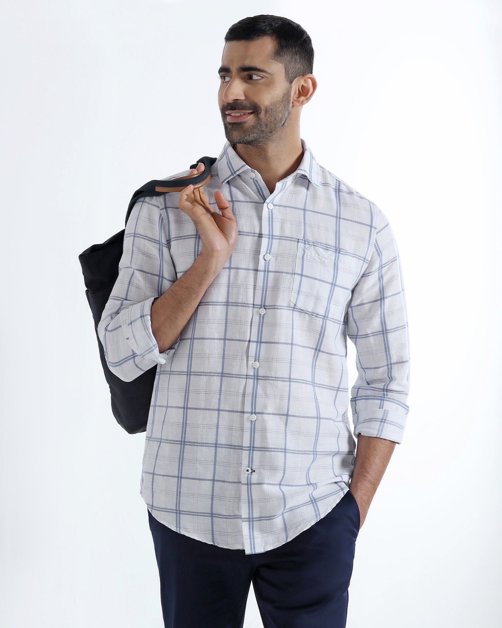 Light Blue Linen Check Shirt - Jomix