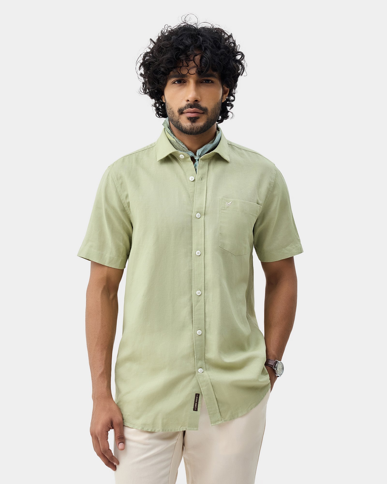 Light Green Linen Half Sleeve Solid Shirt - Cleo
