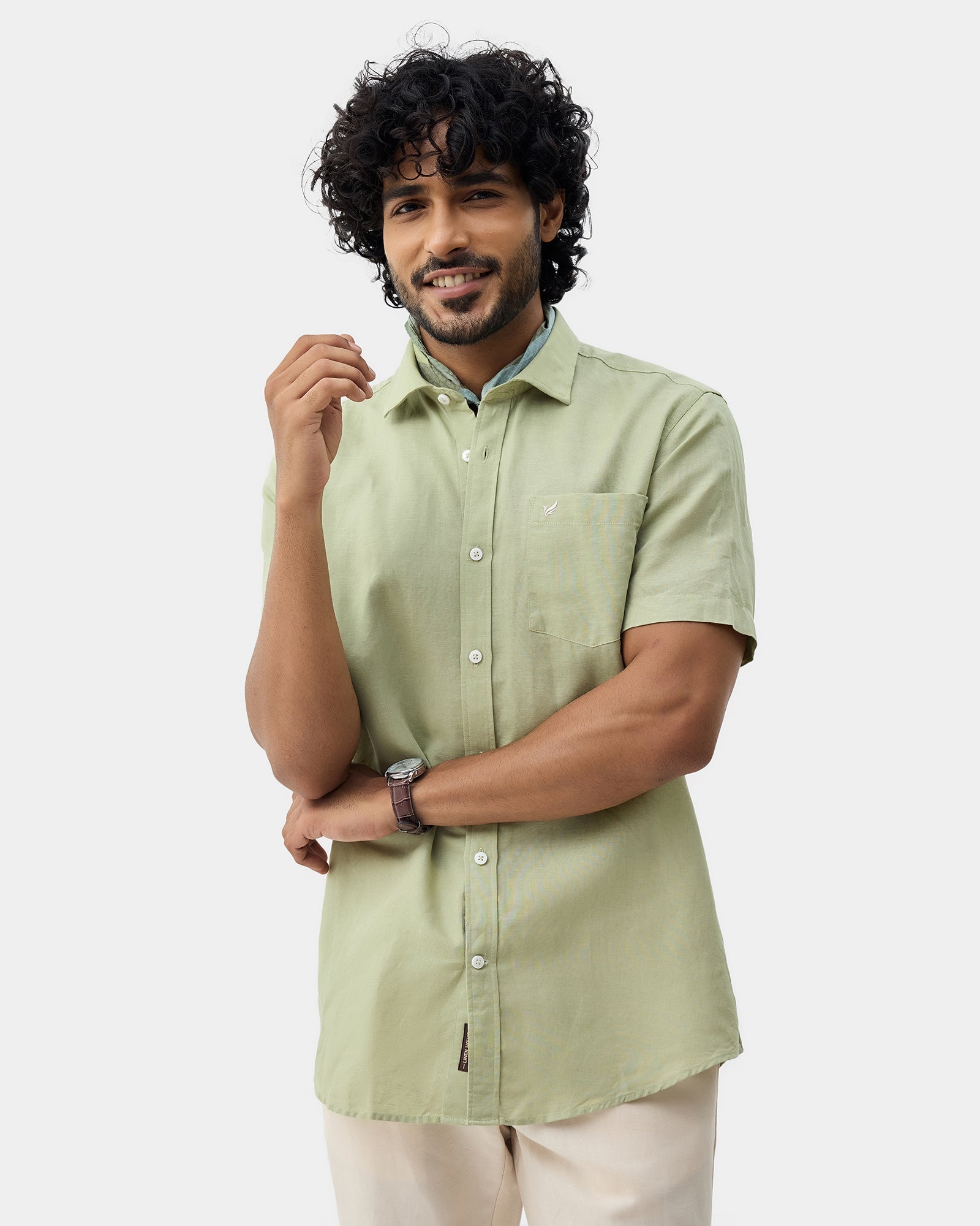 Light Green Half Sleeve Linen Solid Shirt - Cleo