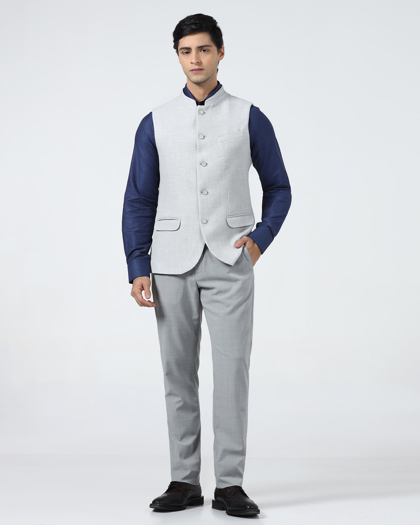 Light Grey Bandhgala Textured Waistcoat - Cadens