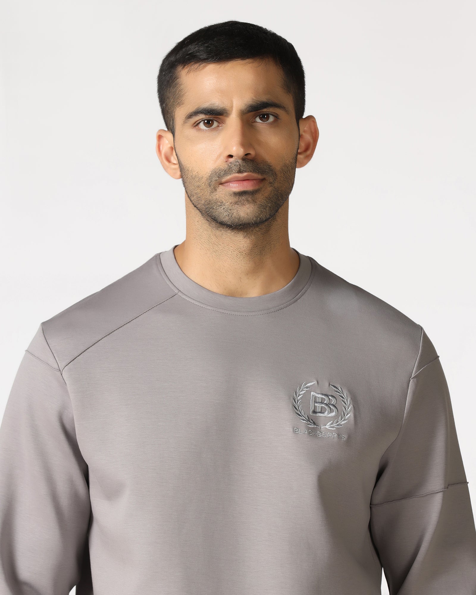 Light Grey Crew Neck Solid Sweatshirt - Dapper