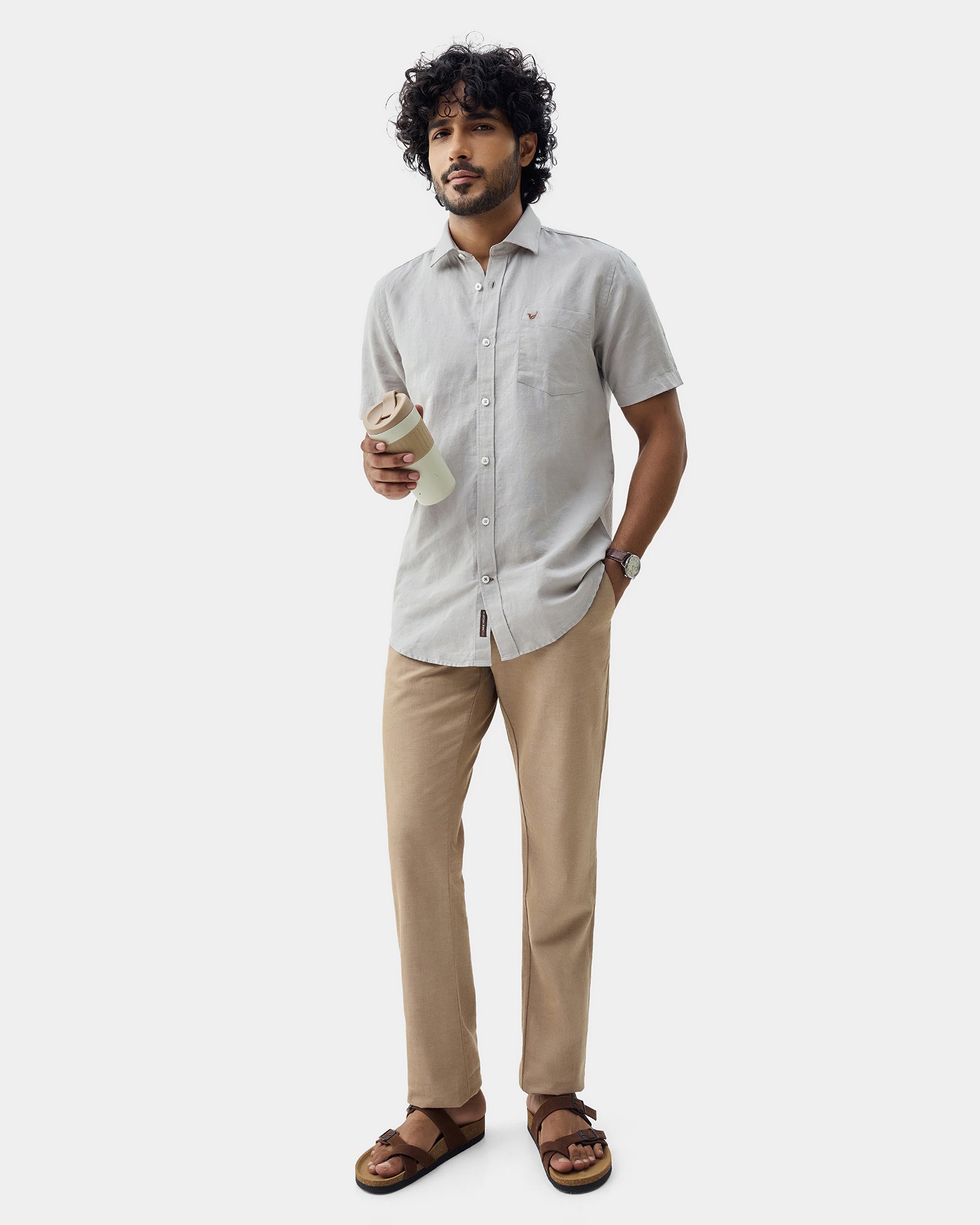 Light Grey Half Sleeve Linen Solid Shirt - Cleo
