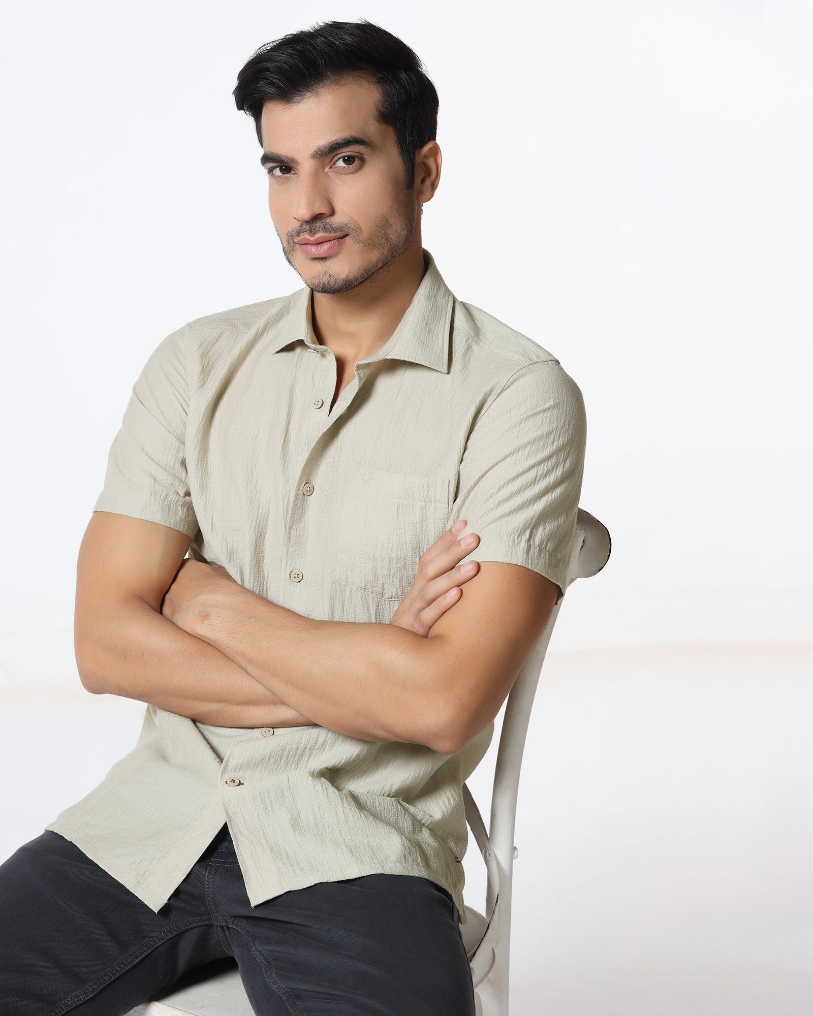 Light Grey Half Sleeve Textured Shirt - Cremon