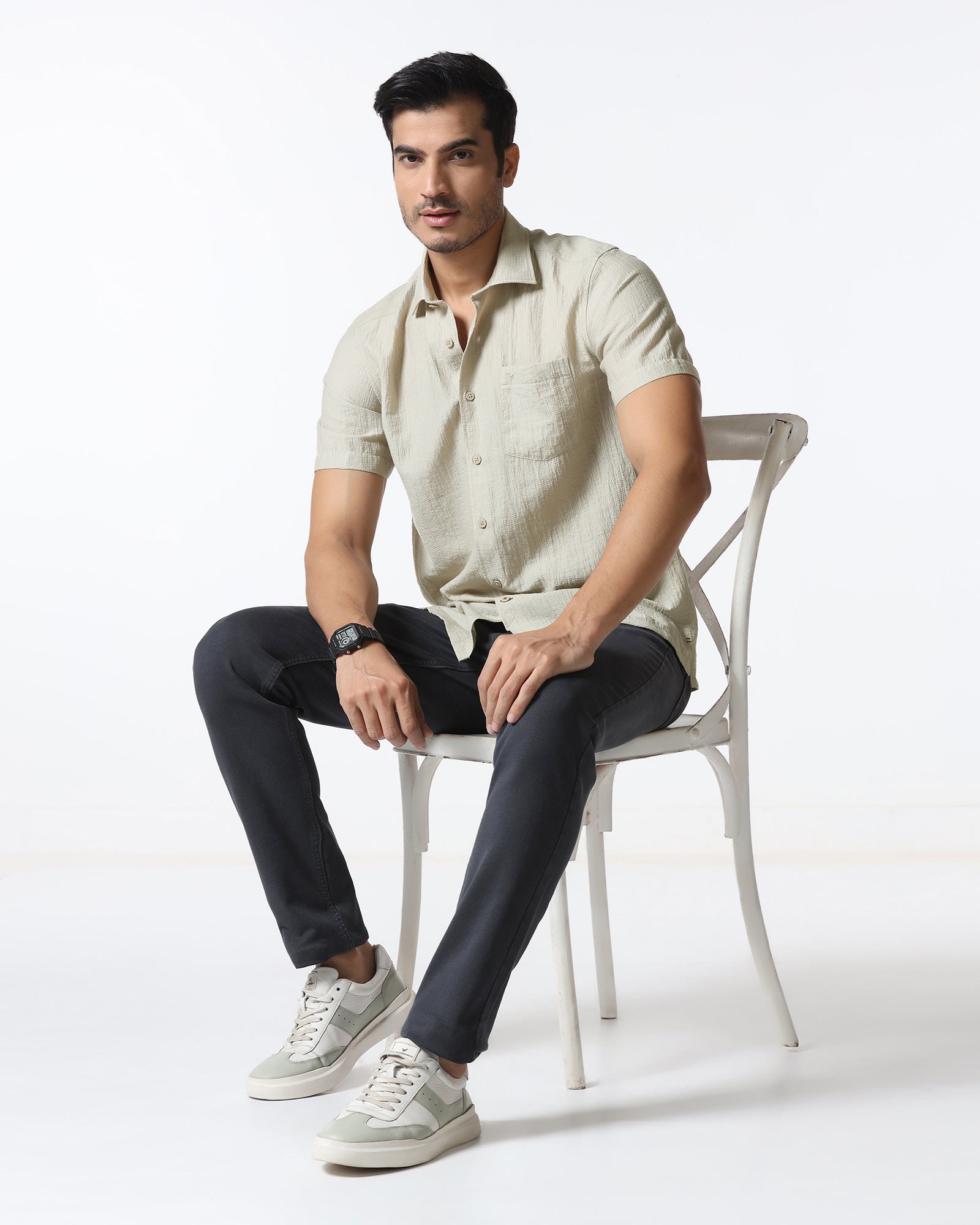 Light Grey Half Sleeve Textured Shirt - Cremon