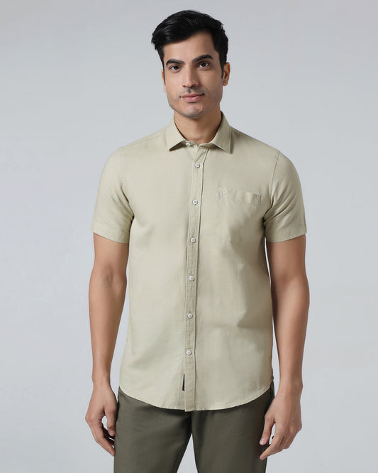 Light Olive Half Sleeve Linen Solid Shirt - Cleo