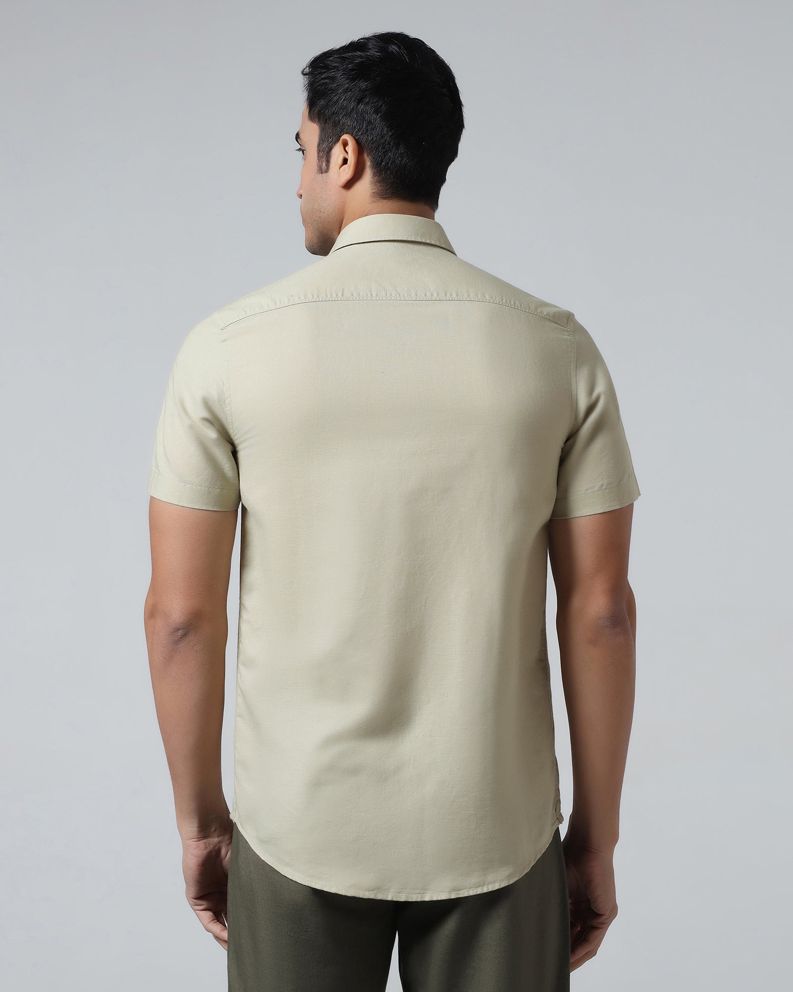 Light Olive Half Sleeve Linen Solid Shirt - Cleo
