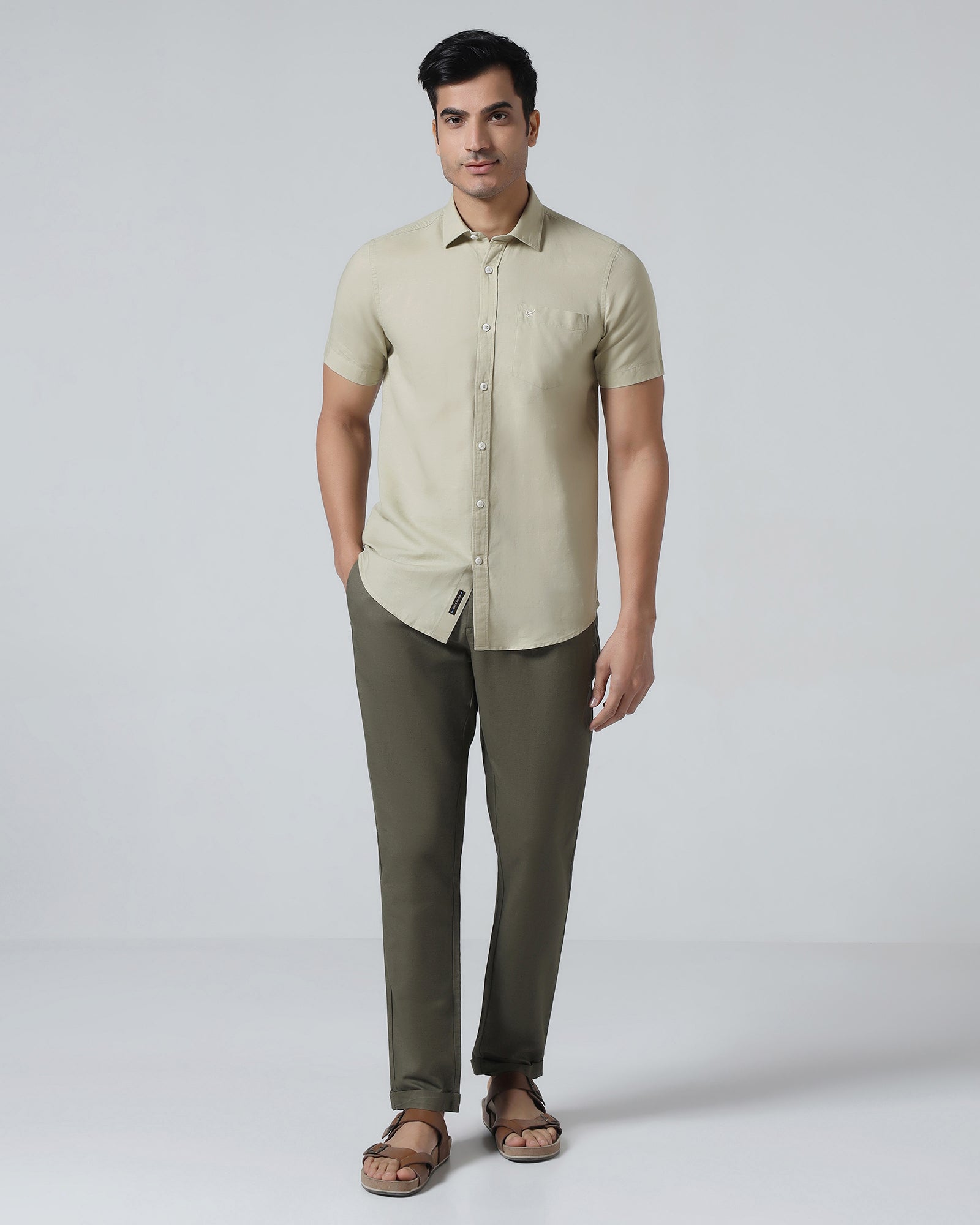 Light Olive Half Sleeve Linen Solid Shirt - Cleo