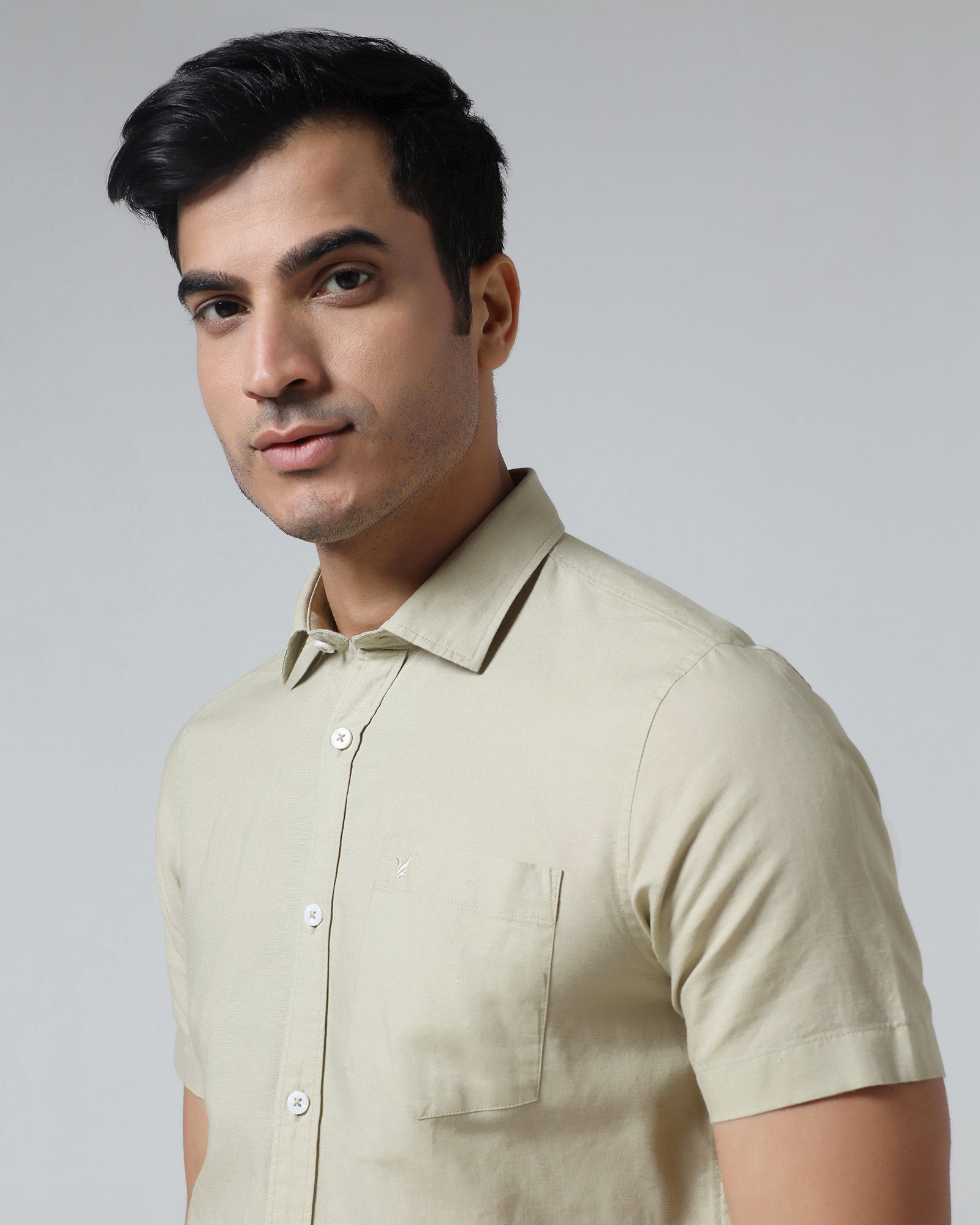 Light Olive Half Sleeve Linen Solid Shirt - Cleo
