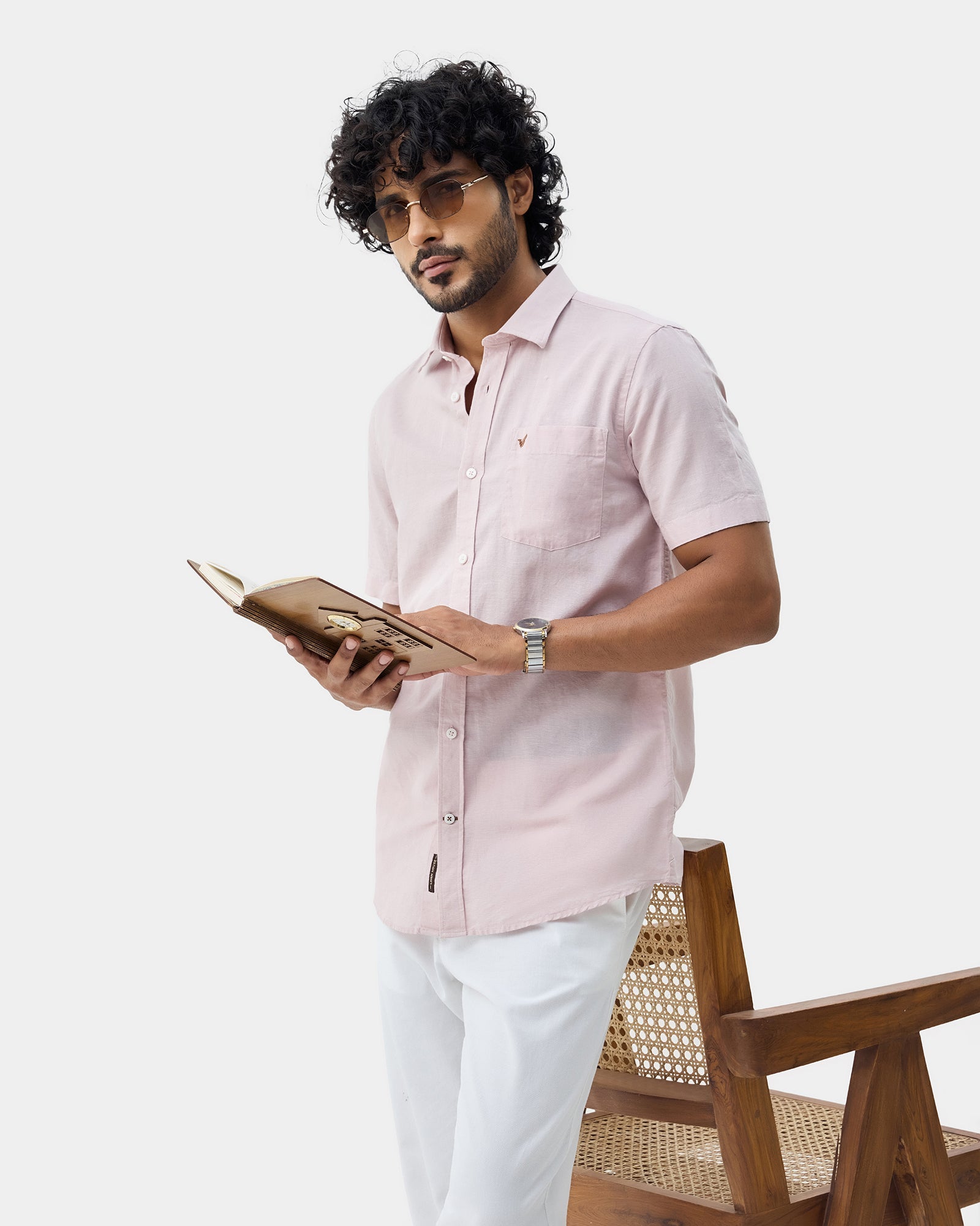 Light Pink Half Sleeve Linen Solid Shirt - Cleo