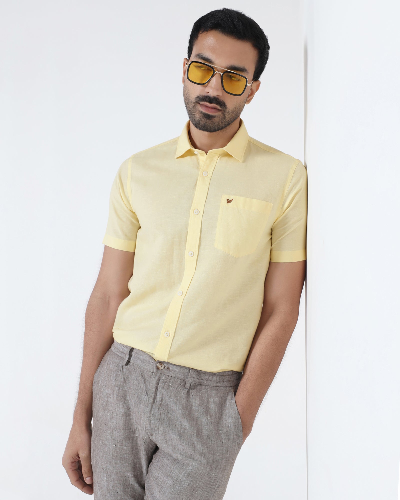 Light Yellow Half Sleeve Linen Solid Shirt - Cleo