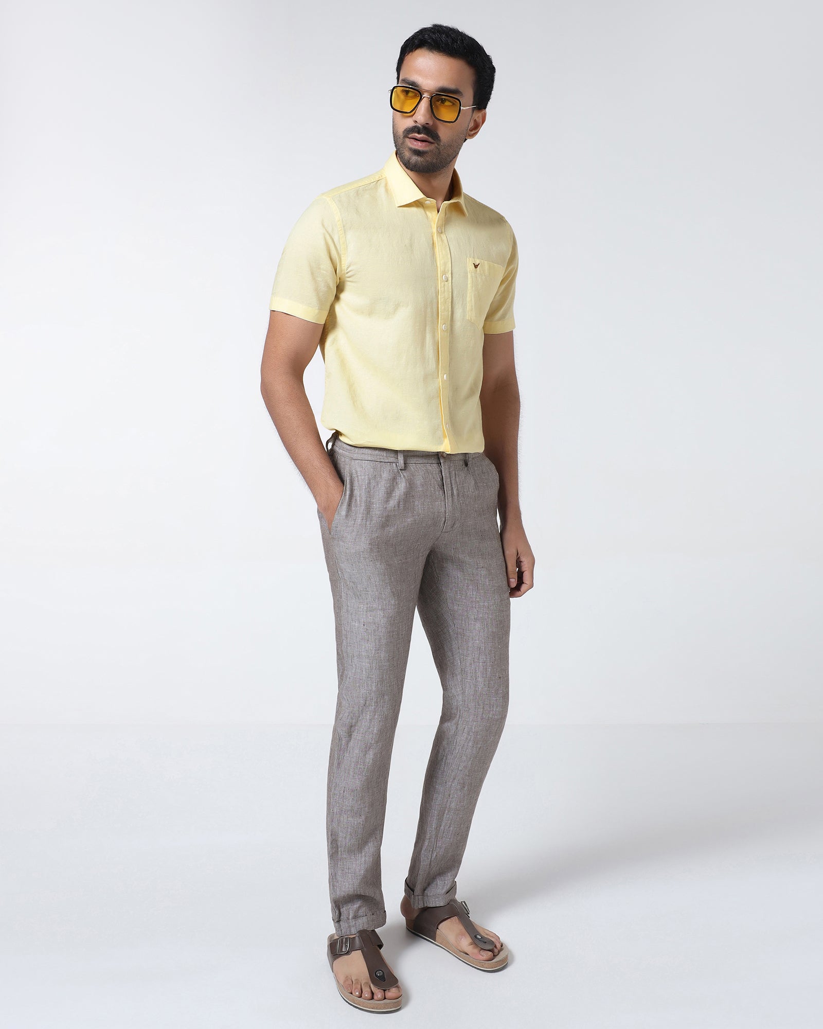 Light Yellow Half Sleeve Linen Solid Shirt - Cleo