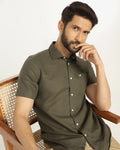 Linen Casual Half Sleeve Olive Solid Shirt - Salmon