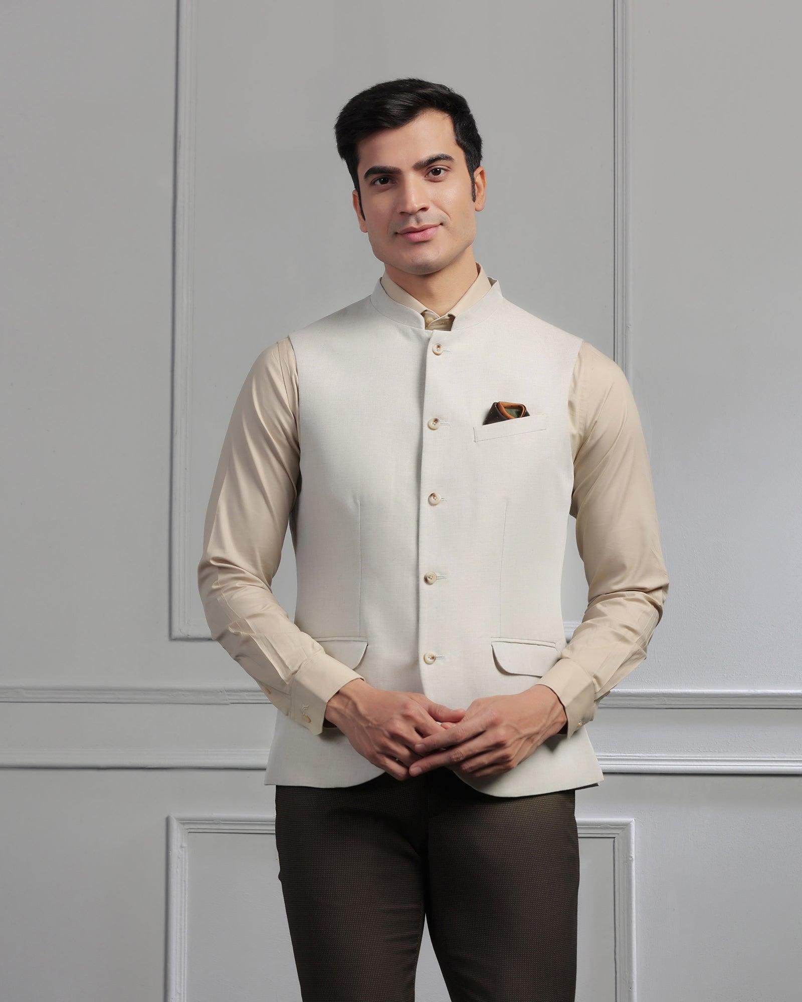 Linen Bandhgala Formal Beige Solid Waistcoat - Swift