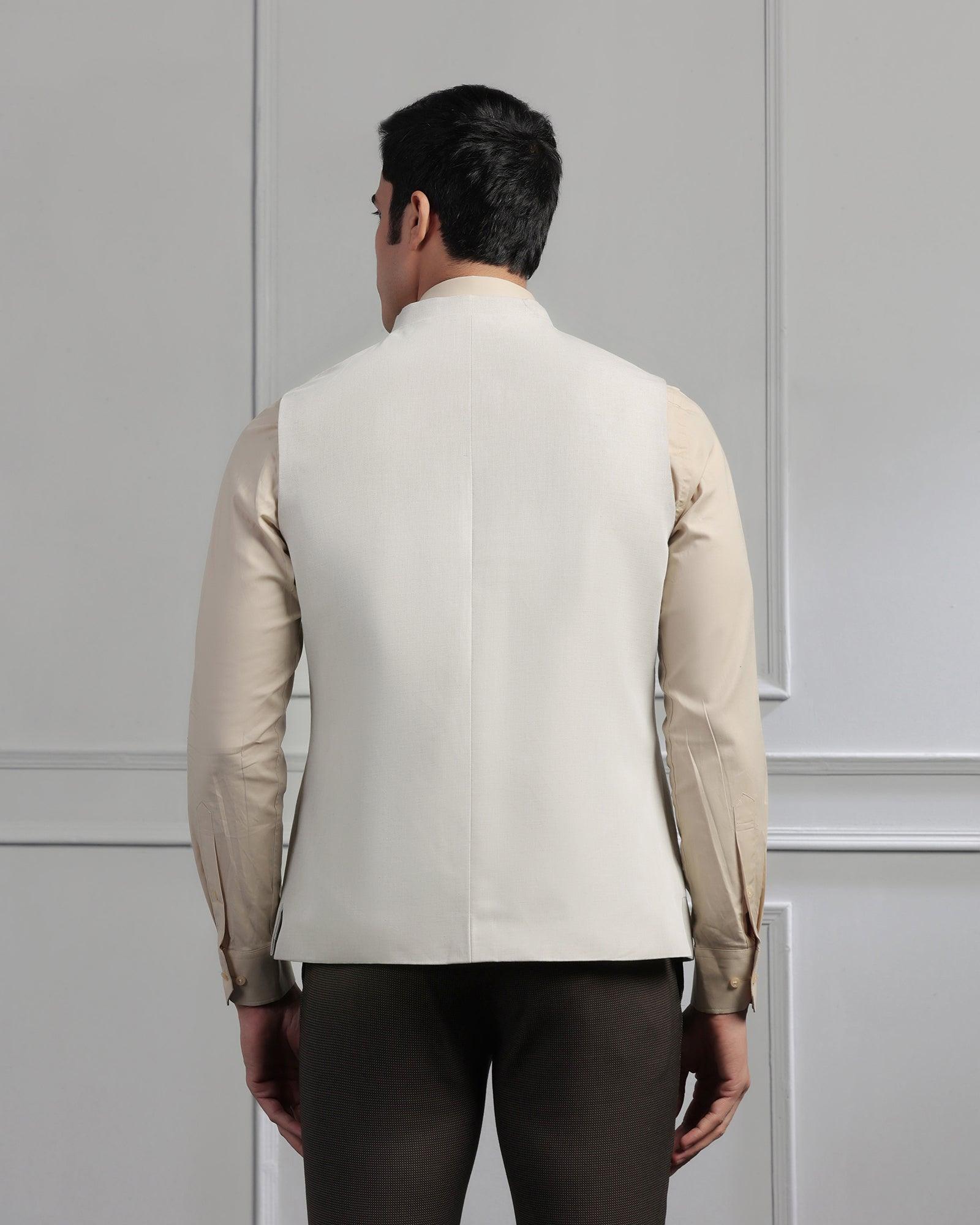 Linen Bandhgala Formal Beige Solid Waistcoat - Swift