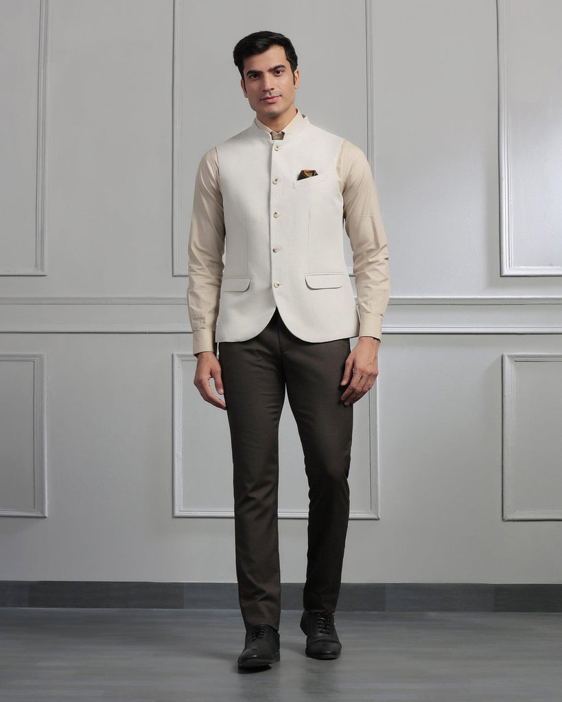 Linen Bandhgala Formal Beige Solid Waistcoat - Swift