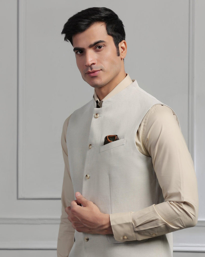 Linen Bandhgala Formal Beige Solid Waistcoat - Swift