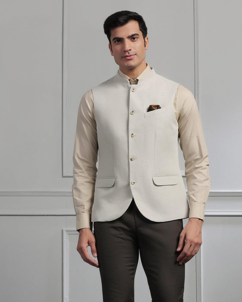 Linen Bandhgala Formal Beige Solid Waistcoat - Swift