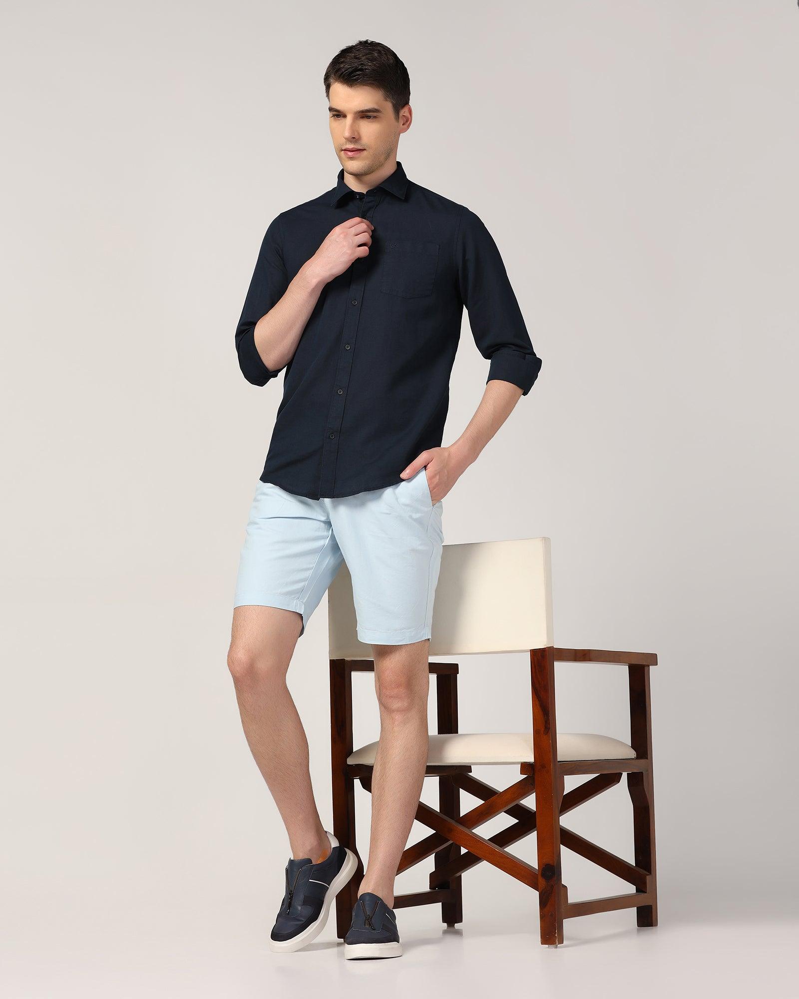 Linen Casual Blue Solid Shorts - Kin