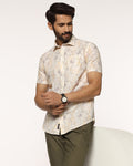 Linen Casual Half Sleeve Beige Printed Shirt - Gabin
