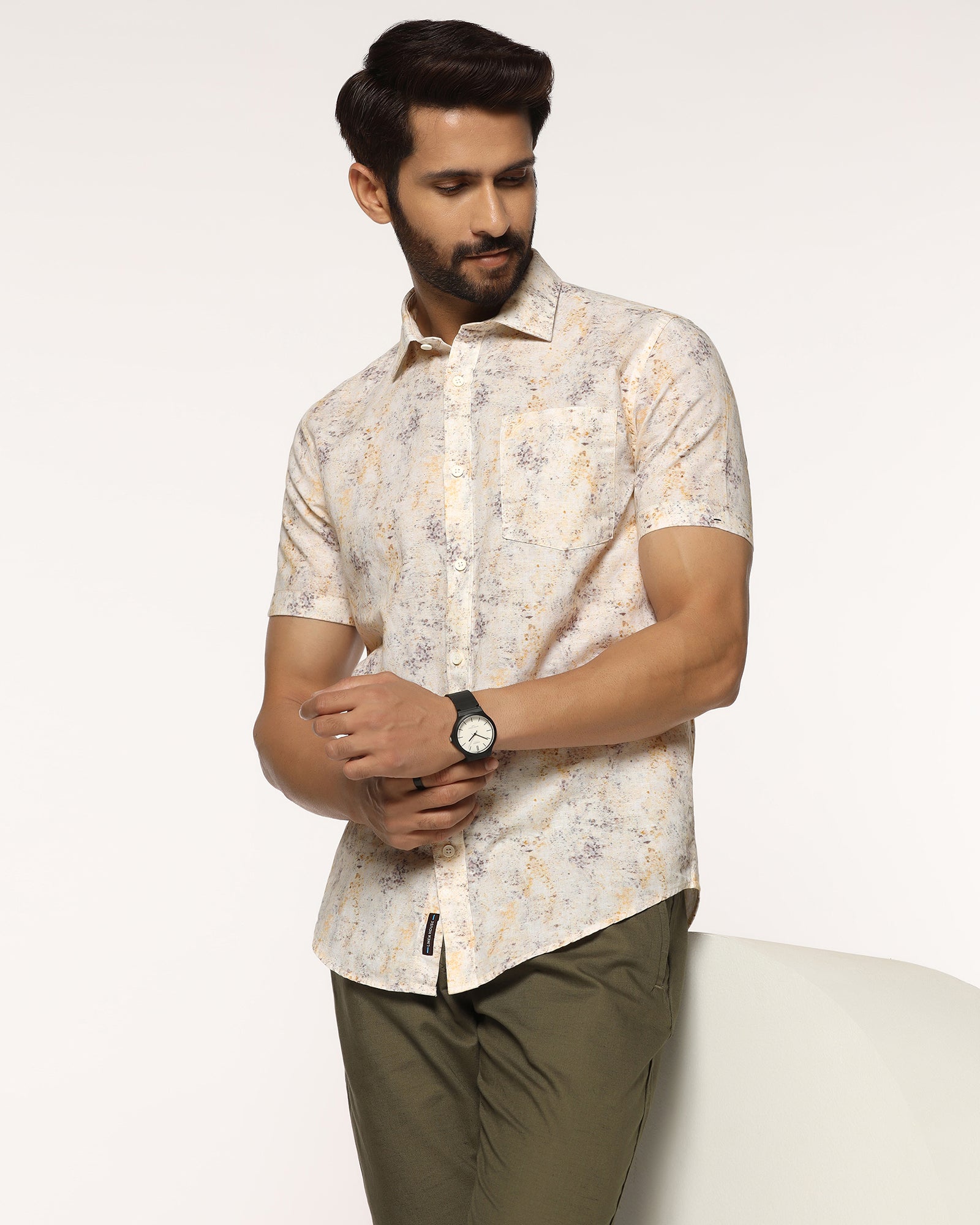 Linen Casual Half Sleeve Beige Printed Shirt - Gabin