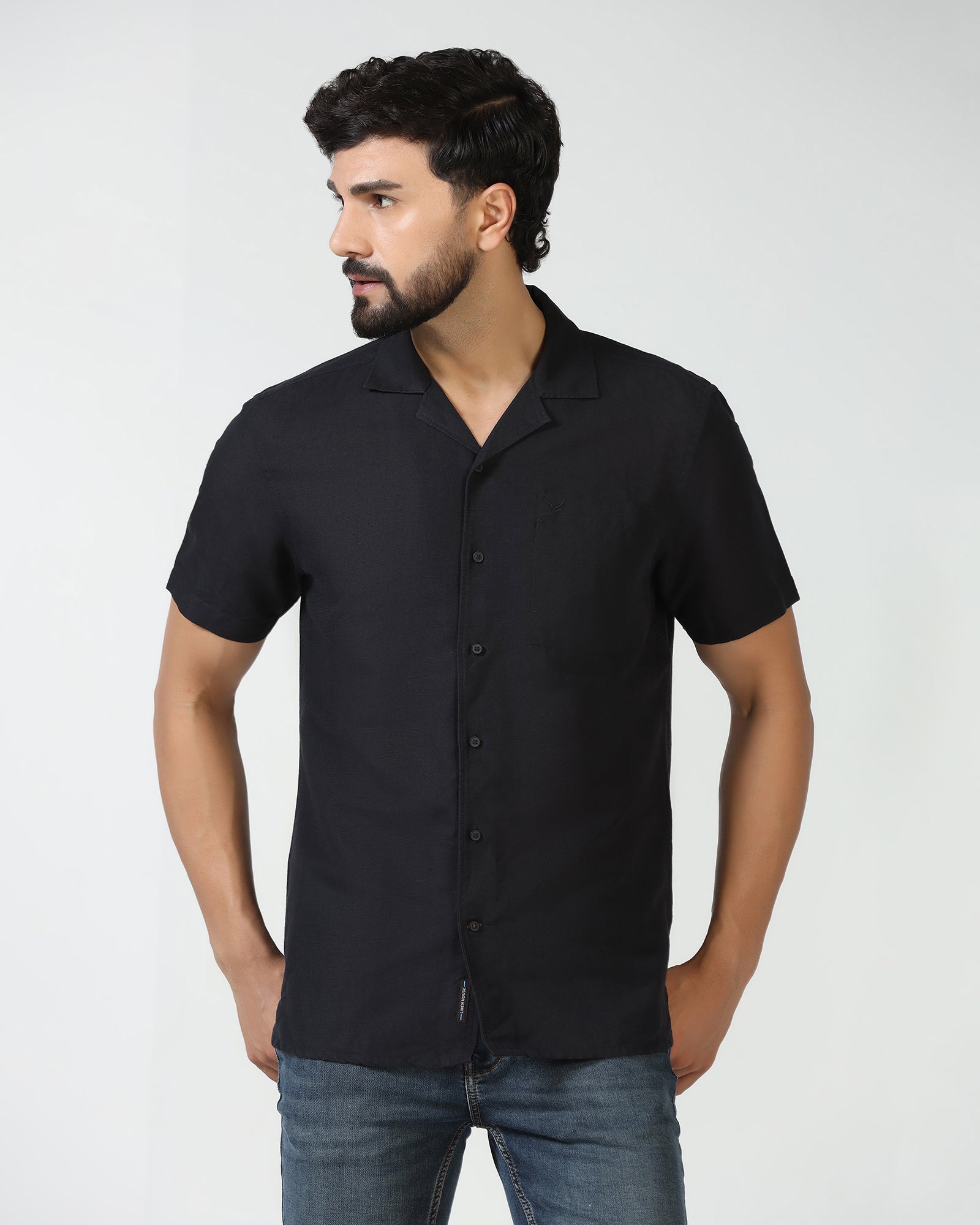 Linen Casual Half Sleeve Black Solid Shirt - Maison