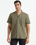 Olive Linen Half Sleeve Solid Shirt - Maison
