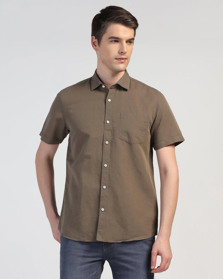 Linen Casual Half Sleeve Olive Solid Shirt - Salmon