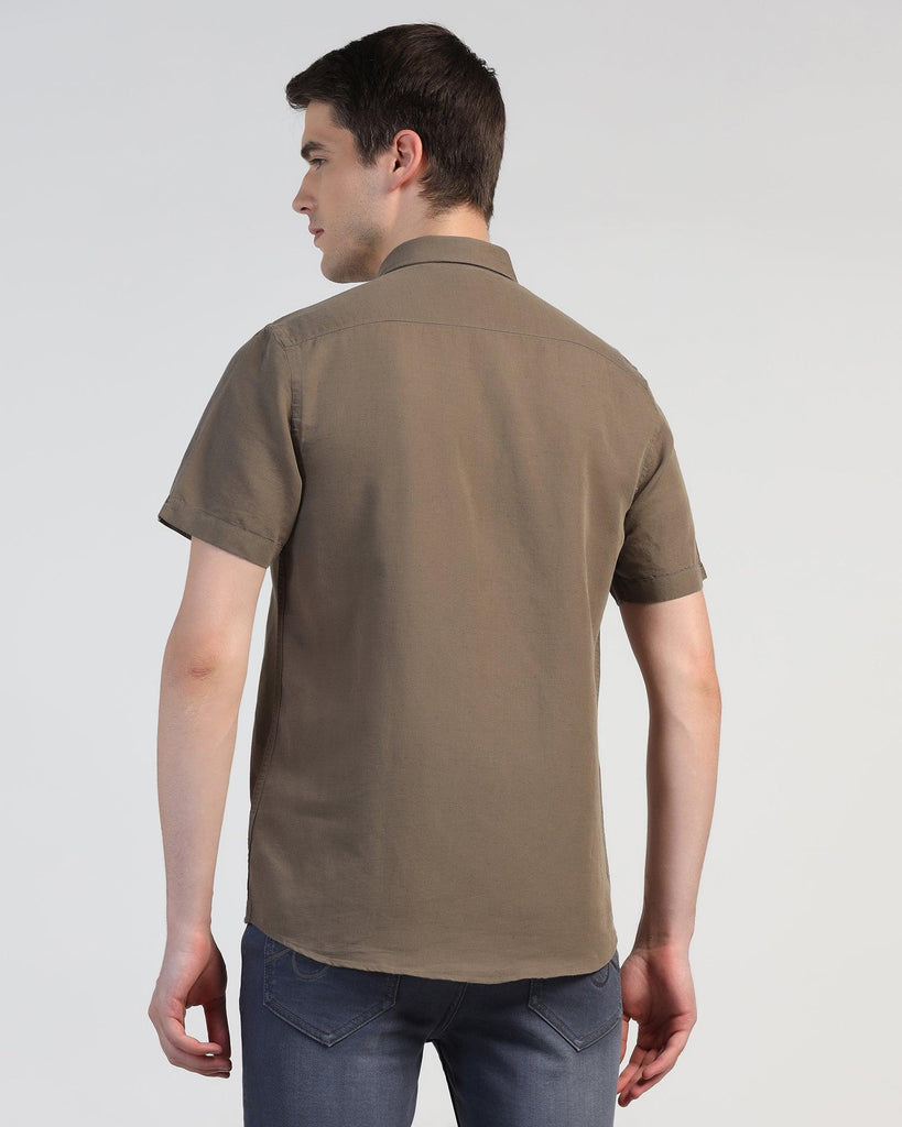 Linen Casual Half Sleeve Olive Solid Shirt - Salmon