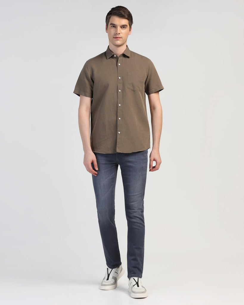 Linen Casual Half Sleeve Olive Solid Shirt - Salmon