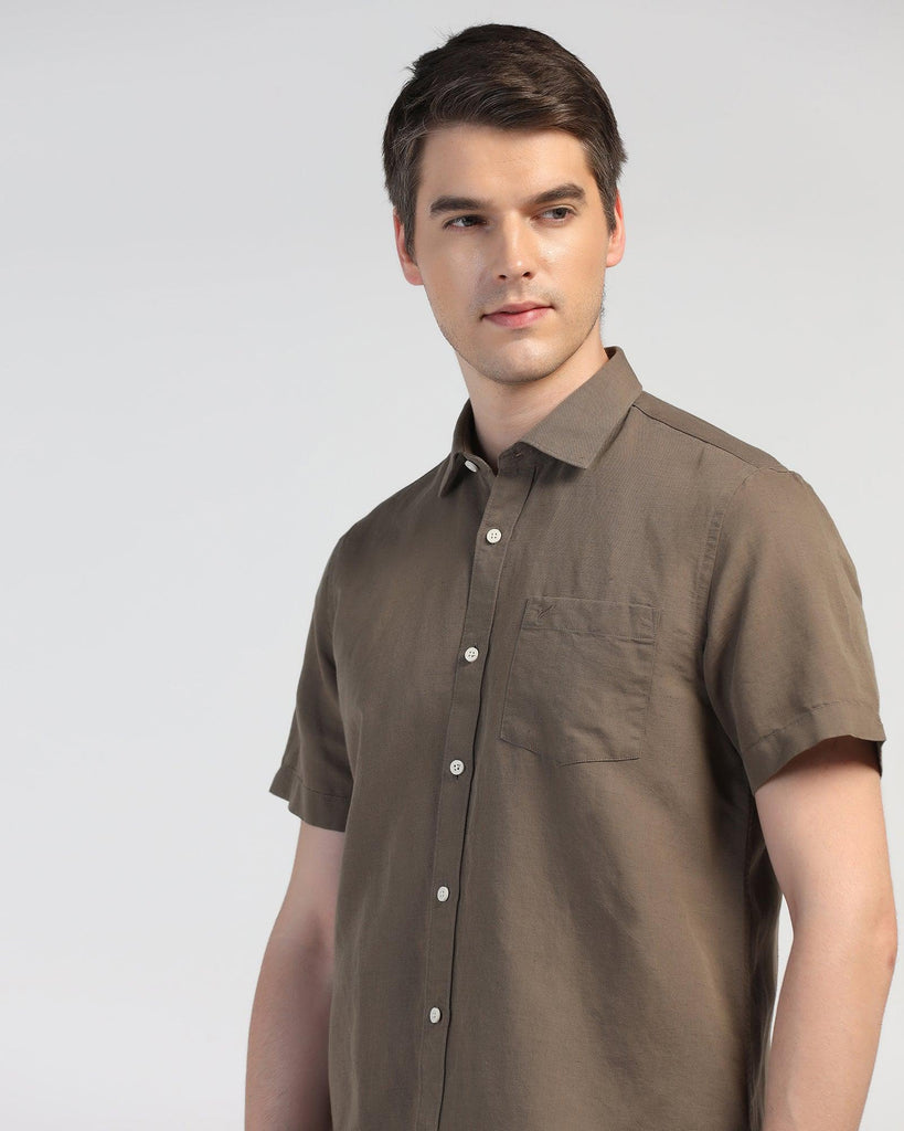 Linen Casual Half Sleeve Olive Solid Shirt - Salmon