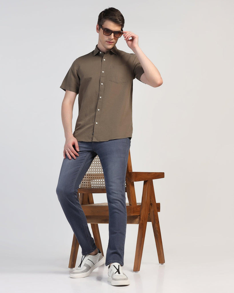 Linen Casual Half Sleeve Olive Solid Shirt - Salmon