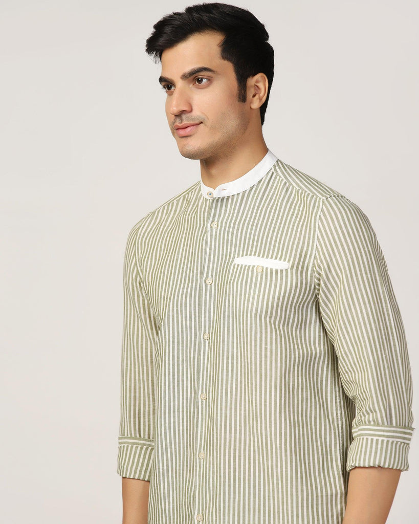 Linen Casual Olive Stripe Shirt - Fiji