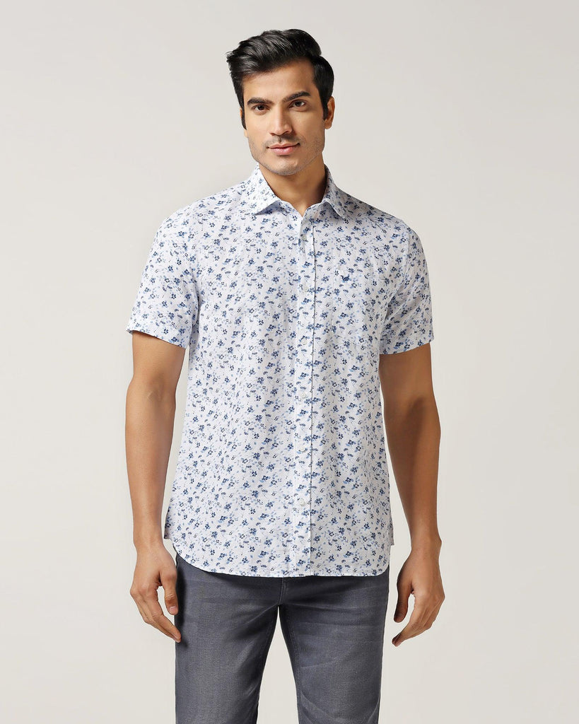 Linen Casual Half Sleeve White Printed Shirt - Nigel