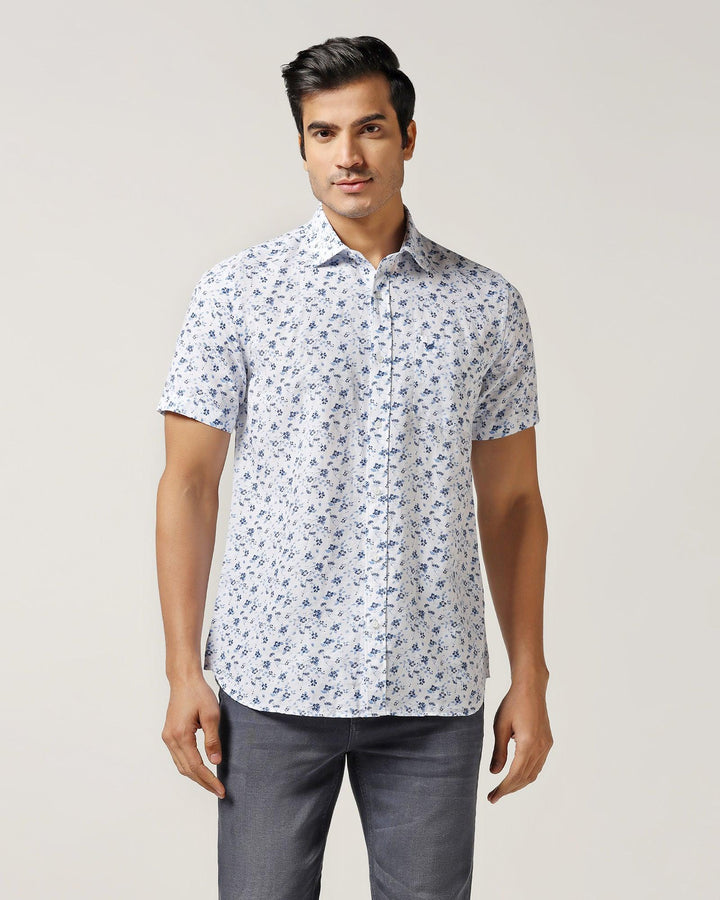 Linen Casual Half Sleeve White Printed Shirt - Nigel