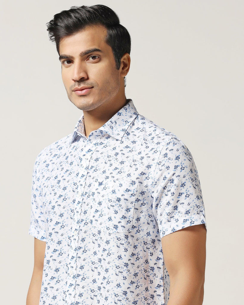 Linen Casual Half Sleeve White Printed Shirt - Nigel