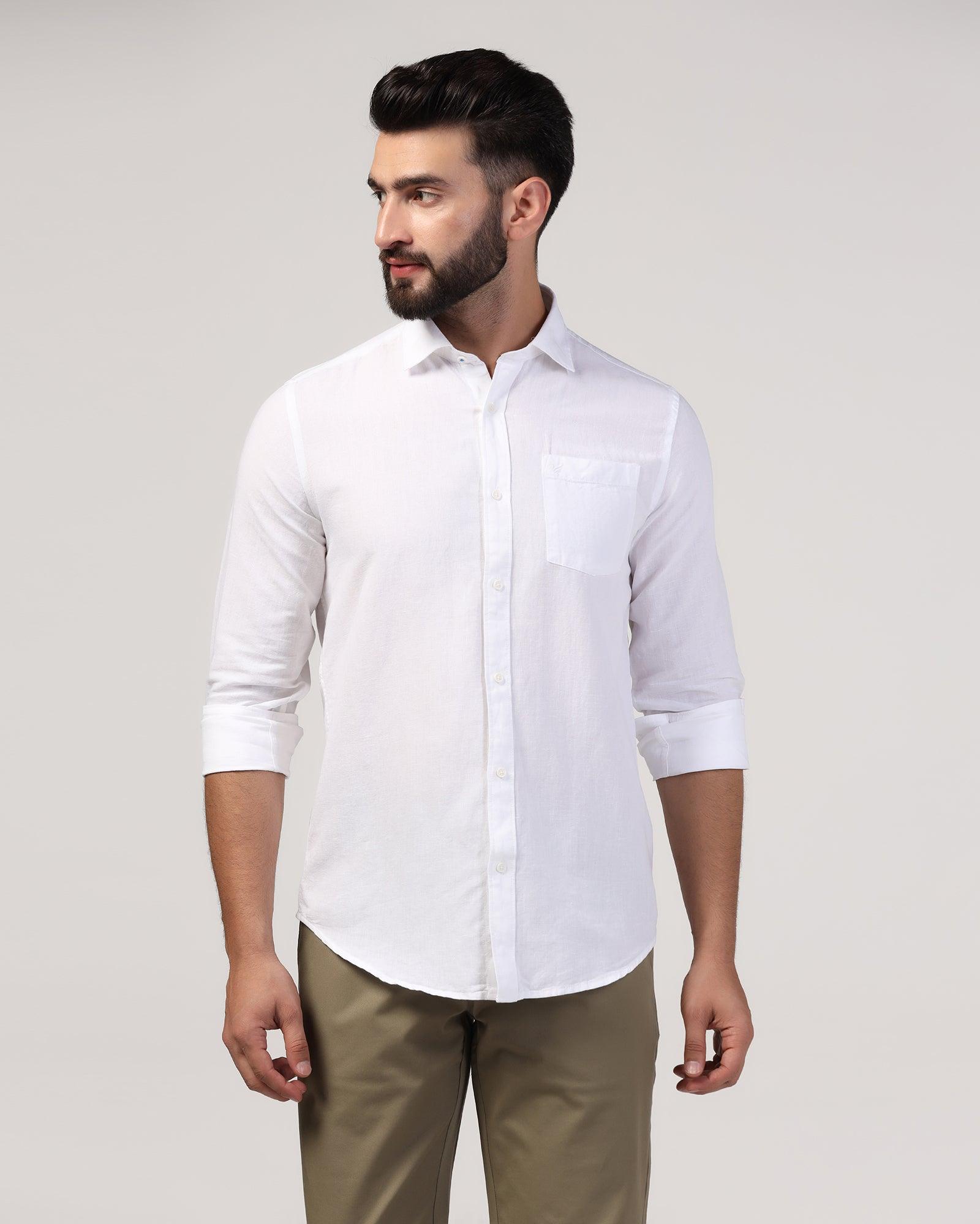 Linen Casual White Solid Shirt - Lang - Blackberrys