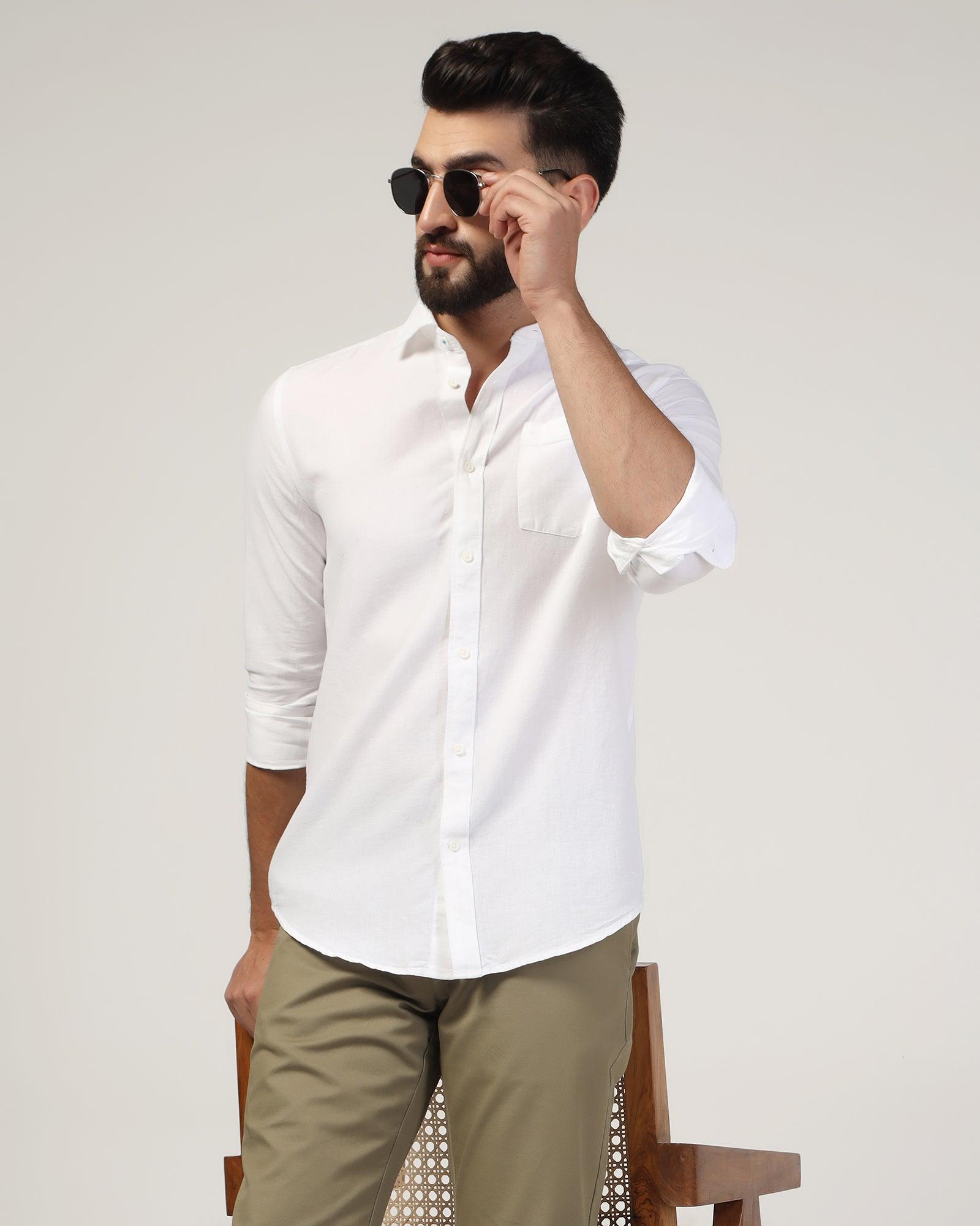 Linen Casual White Solid Shirt - Lang - Blackberrys