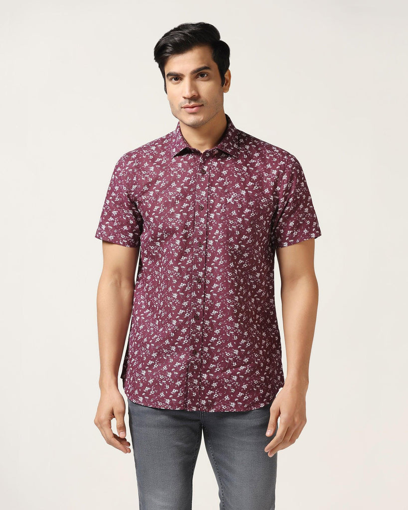 Linen Casual Half Sleeve Wine Printed Shirt - Nigel