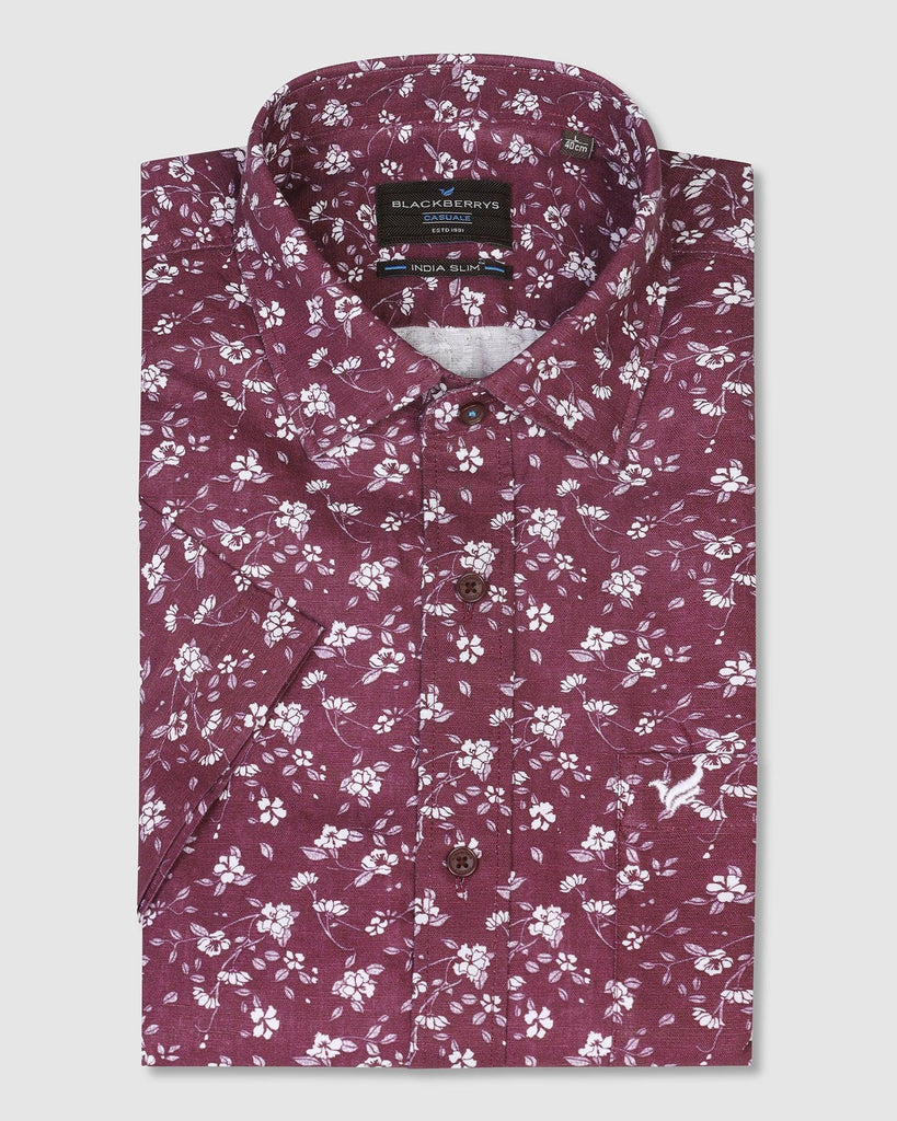 Linen Casual Half Sleeve Wine Printed Shirt - Nigel