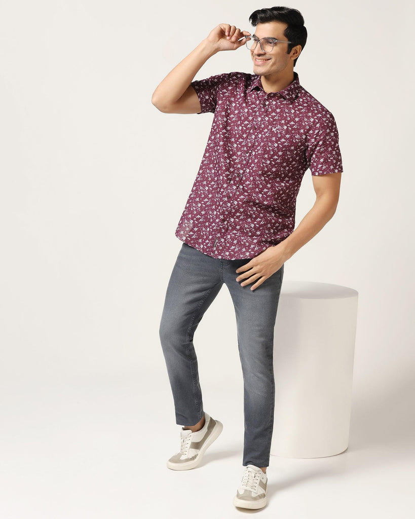 Linen Casual Half Sleeve Wine Printed Shirt - Nigel