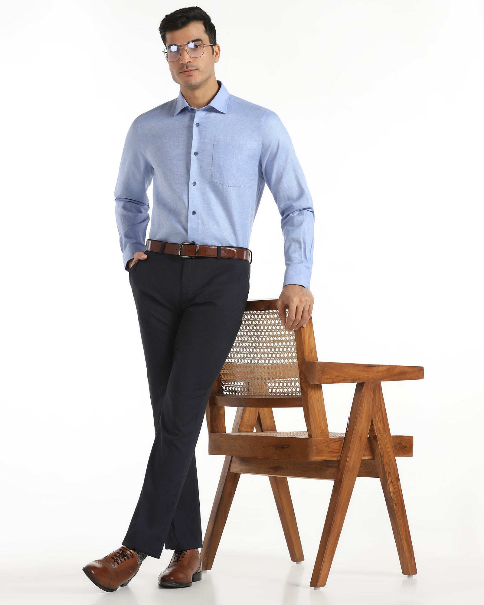 Linen Formal Blue Textured Shirt - Sand