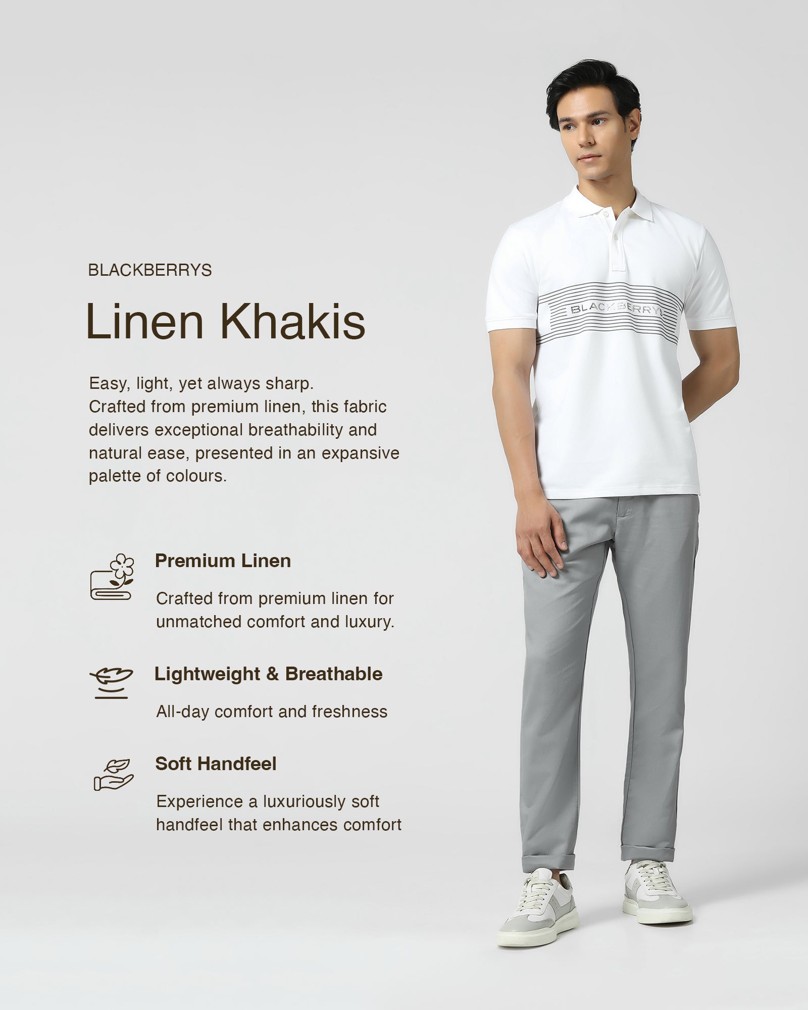 Linen Slim Comfort B-95 Casual Grey Solid Khakis - Edwin