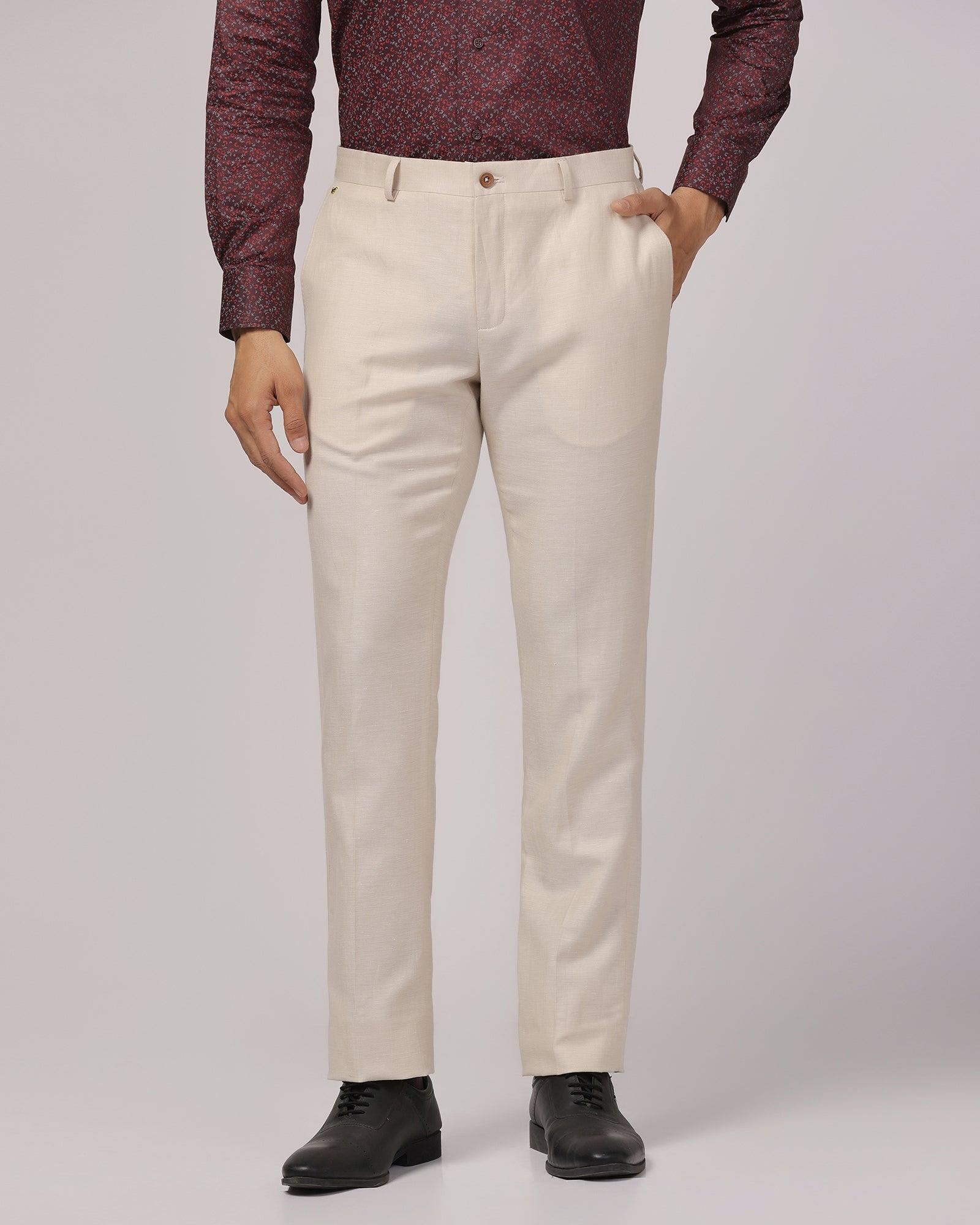 Luxe Linen Slim Comfort B-95 Formal Beige Solid Trouser - Platina - Blackberrys