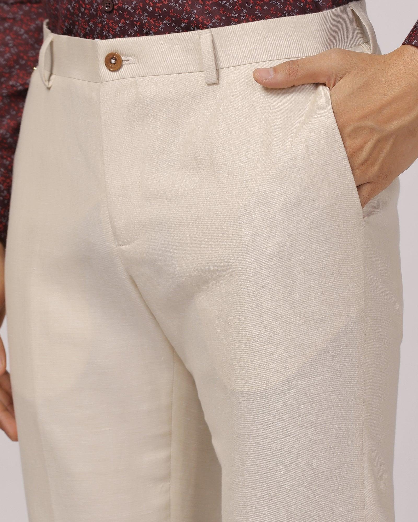 Luxe Linen Slim Comfort B-95 Formal Beige Solid Trouser - Platina