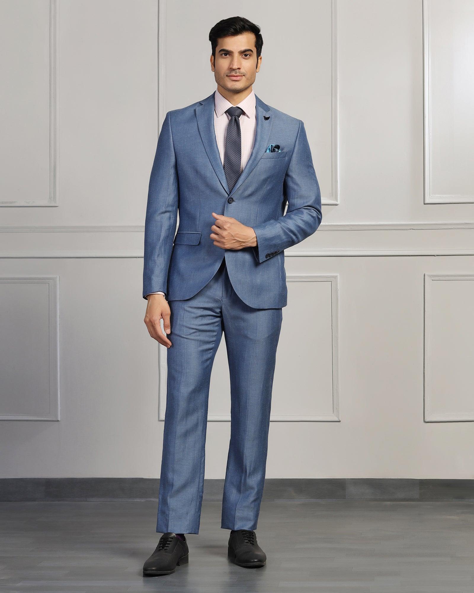 Linen Two Piece Blue Solid Formal Suit - Twipe
