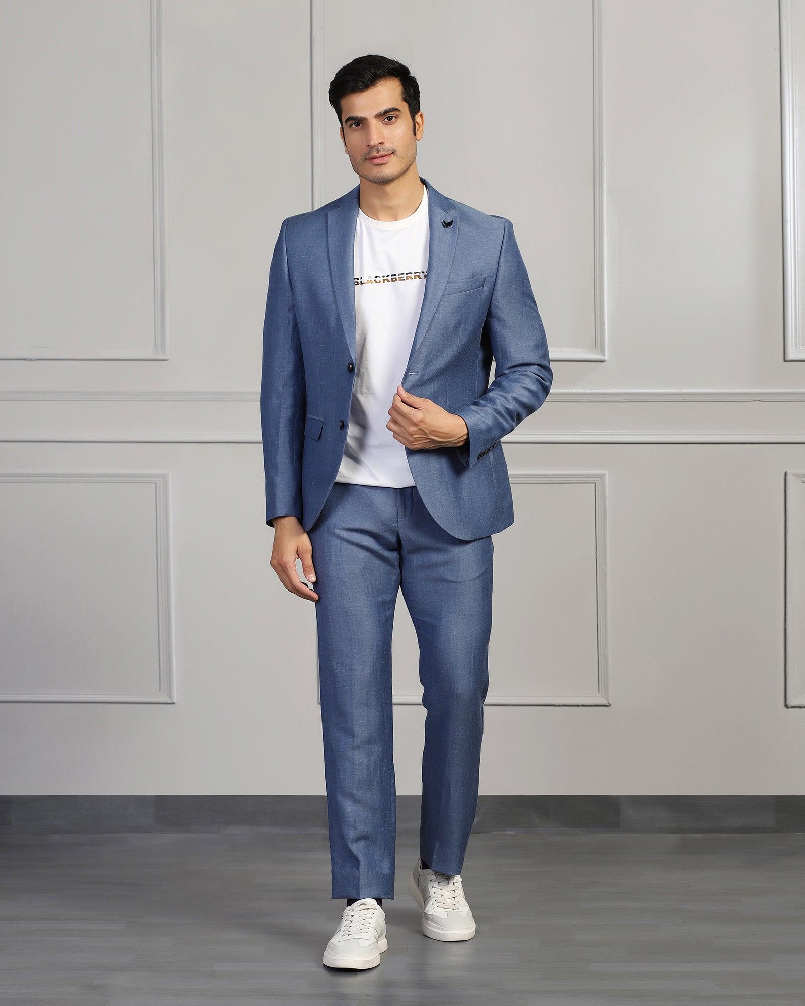 Linen Two Piece Blue Solid Formal Suit - Twipe