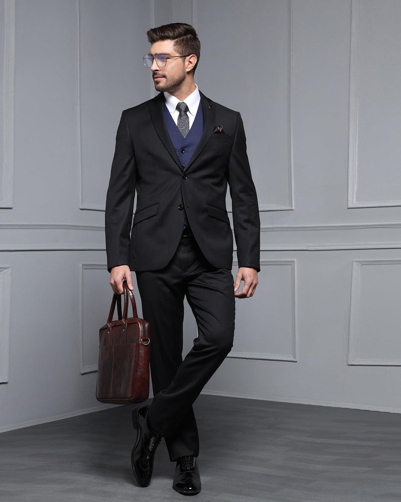 Luxe Three Piece Black Solid Formal Suit - Jetz